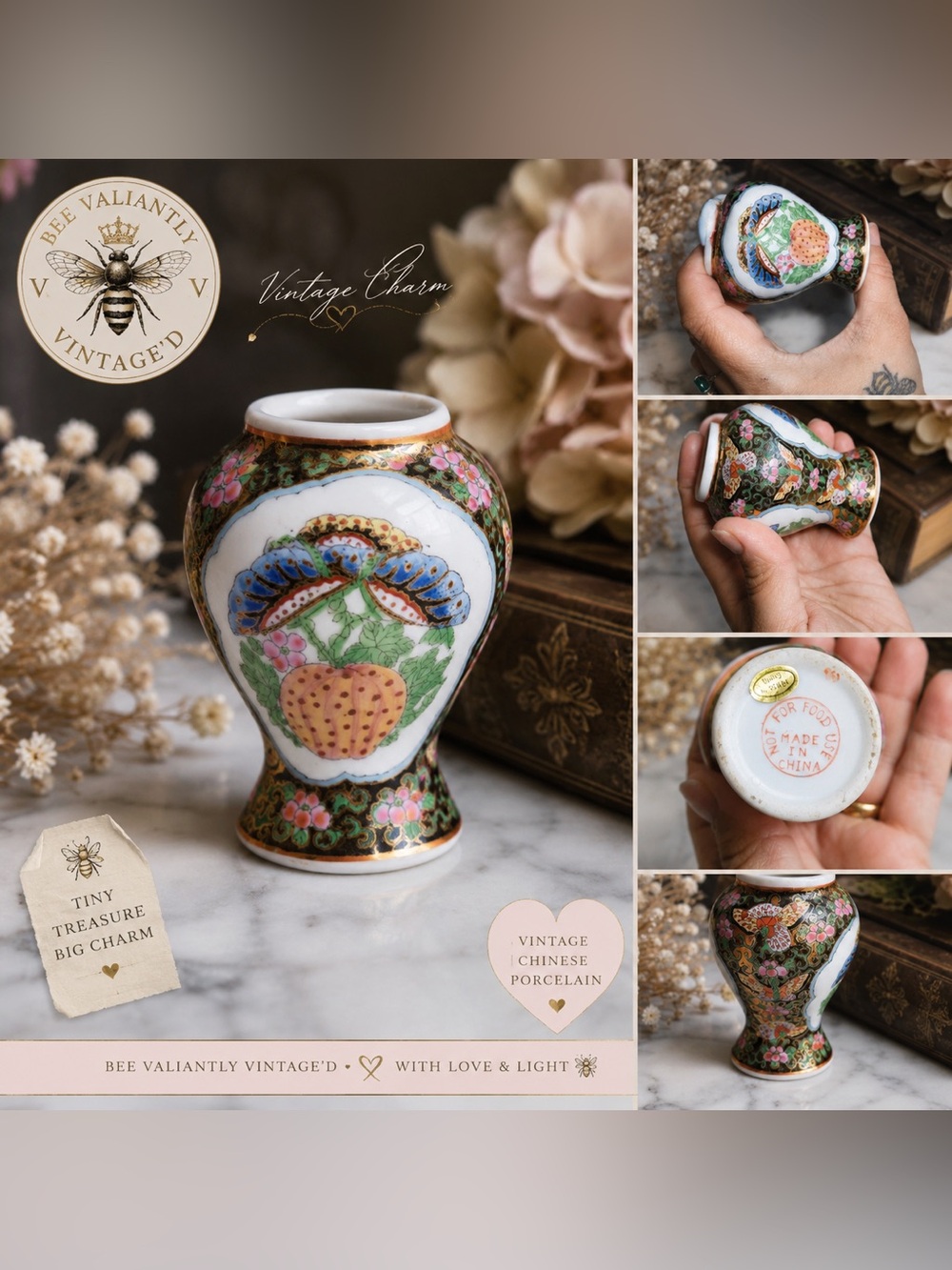 Vintage Chinese Butterfly Bud Vase Mini Porcelain Chinoiserie Floral Decor